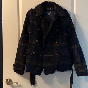 American Eagle Navy Plaid Peacoat Size S